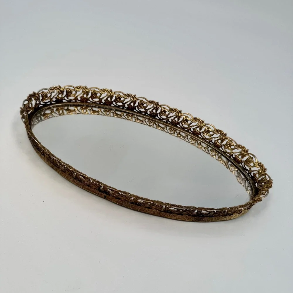 Vintage‎ 50s Oval Gold Gilt Metal Filigree Hollywood Regency Vanity Tray Mirror